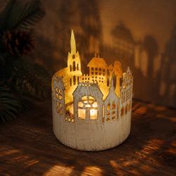 T-lite Candle Holder Whitewashed Metal Village Scene 10 x 11cm
