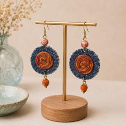 Earrings recycled denim jeans, circle with inner coil 2 cloth beads