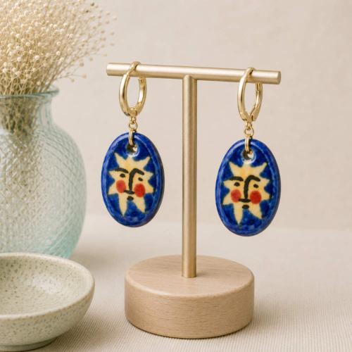 Earrings Ceramic Oval Sun Face