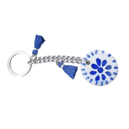 Ceramic Keyring with Blue Flower Round