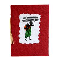Greetings card, woman with firewood + baby, red