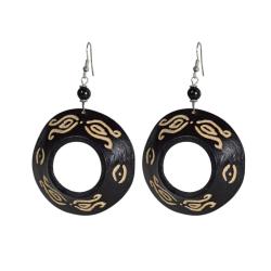 Earrings, cow bone circular shape, black 5.5cm diameter