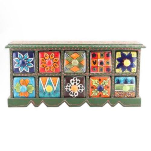 Mini Chest Mango Wood 10 Ceramic Drawers 42 x 10 x 17cm