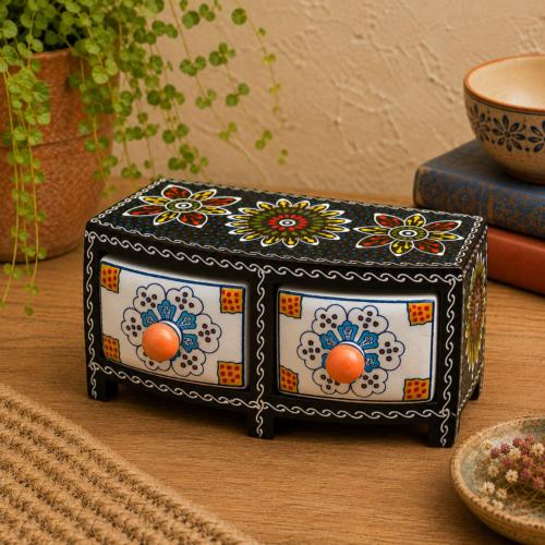 Mini Chest Curved Mango Wood 2 Ceramic Drawers 21x12x10cm