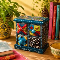 Mini Chest Mango Wood Blue 4 Ceramic Drawers 17x10x17cm