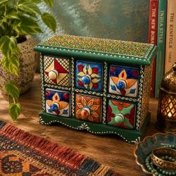 Mini Chest Mango Wood Green 6 Ceramic Drawers 25x10x17cm