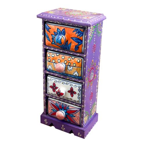 Mini Chest Mango Wood Purple 4 Ceramic Drawers Vertical 14x10x30cm