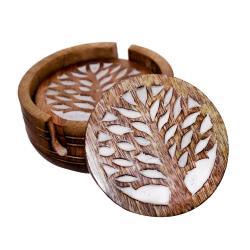 Set of 4 round coasters in holder, mango wood, Tree of Life design, 12x12x5cm