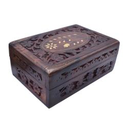 Jewellery/Trinket box, Sheesham Wood Floral Carved + Brass Inlay 15x10cm