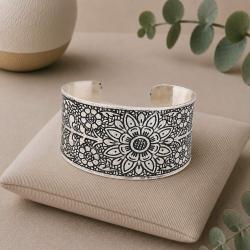 Brass Cuff Bracelet Embossed Floral Design