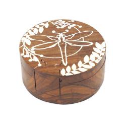 Puzzle Box Round Dragonfly Sheesham Wood 10 x 10 x 6cm