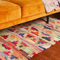 Dhurrie rug, recycled cotton & polyester Aztec style handwoven 80x120cm