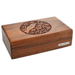 Secret Lock Box Hand Carved Sheesham Wood with Bird on Tree 20x12x6cm