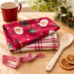 2 Christmas Tea Towels + Wooden Spoon Recycled Cotton