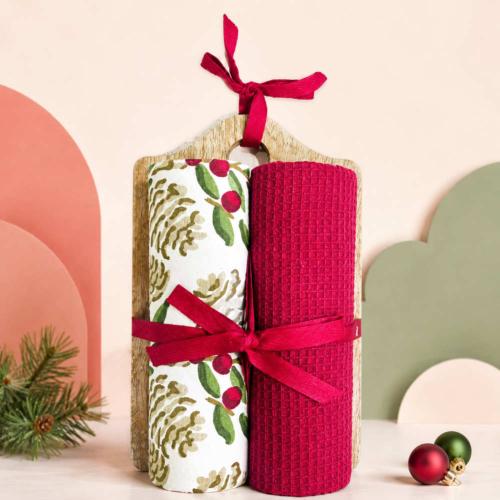 2 Christmas Tea Towels + Wood Serving Board Recycled Cotton