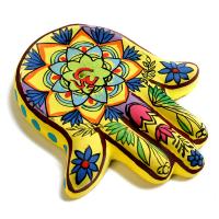 Incense holder, painted clay hamsa hand, lotus