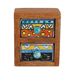 Wooden mini chest with 2 brightly coloured drawers 9 x 11.5 x 7cm