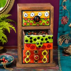 Mini Chest Mango Wood 3 Ceramic Drawers Yellow Green Red 13x25x10cm