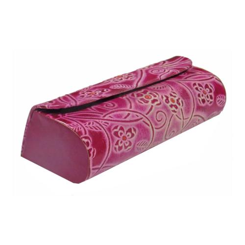 Spectacle Glasses Case Leather, Floral Pink 16 x 7.5cm