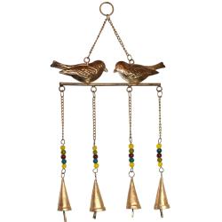 Hanging windchime 2 birds above 4 bells on chains recycled brass indoor/outdoor