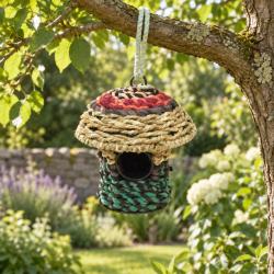 Birdhouse, recycled fabric, toadstool shaped, 20x20x20cm, made in India
