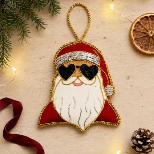 Hanging Decoration Embroidered Santa with Heart Sunglasses