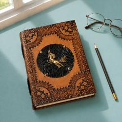 Notebook Leather Bound Old World with Metal Horse 13 x 18cm