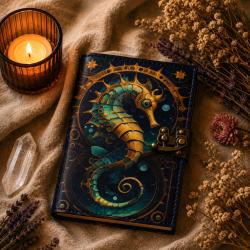 Notebook with Clasp Leather Bound Seahorse 13 x 18cm