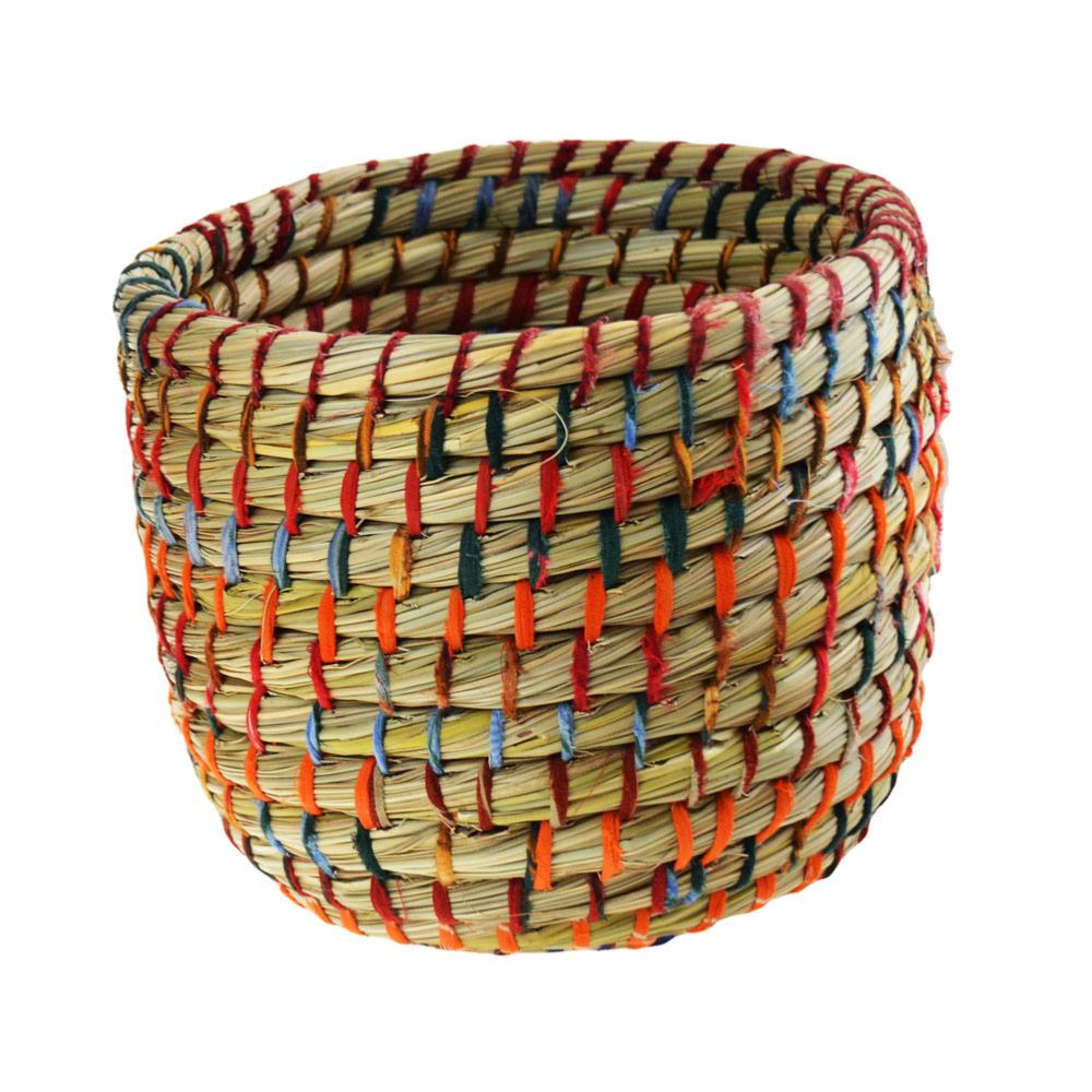 Set of 2 round grass baskets, natural + multicoloured