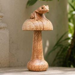 Hand-Carved Frog on Toadstool Sculpture