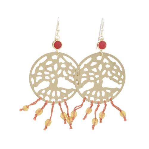 Earrings, brass tree of life, beaded strings