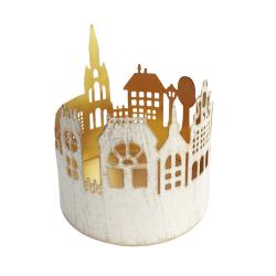 T-lite Candle Holder Whitewashed Metal Village Scene 10 x 11cm