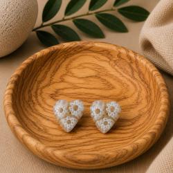 Ear studs, glass heart shaped beads, white 1.3 x 1.3cm