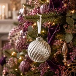 Glass Bauble Round Swirly Pattern 7.5cm Silver Colour