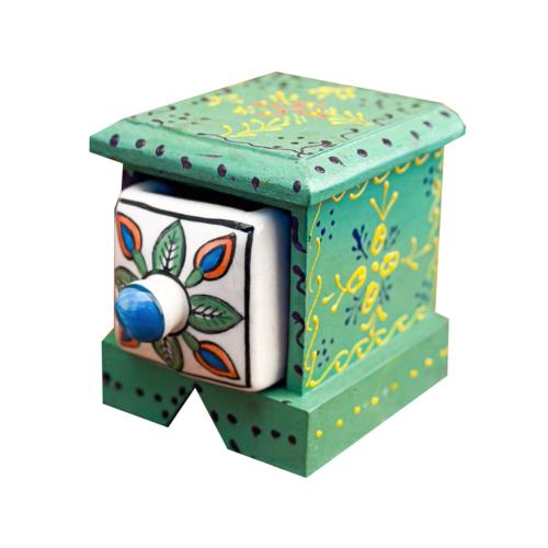 Mini Chest Mango Wood Green 1 Ceramic Drawer 10x10x10cm