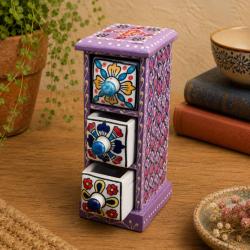 Mini Chest Mango Wood Purple 3 Ceramic Drawers Vertical 10x10x25cm