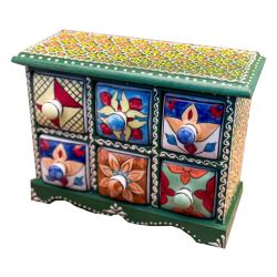 Mini Chest Mango Wood Green 6 Ceramic Drawers 25x10x17cm
