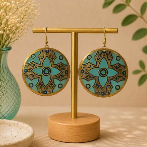 Brass earrings round, floral design gold & turquoise colour