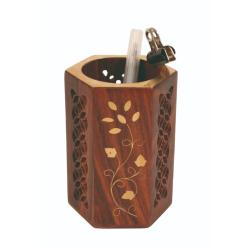 Pen / Pencil Pot Hexagonal Sheesham Wood 7.5 x 10cm