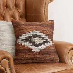 Rag cushion cover recycled leather handmade Aztec brown 40x40cm