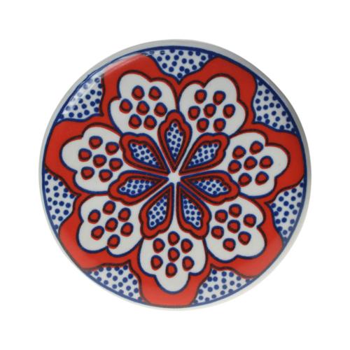 Single round ceramic coaster floral red on blue