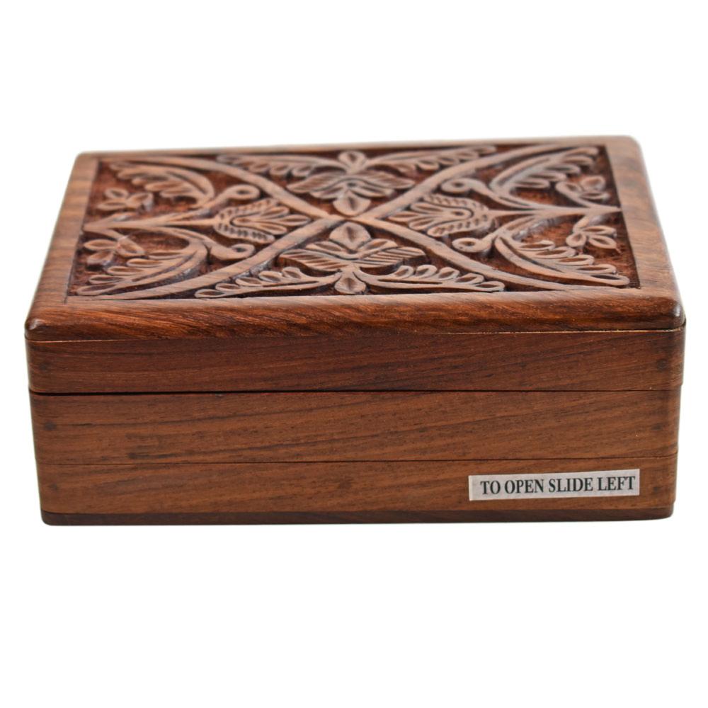 Secret Lock Box Hand Carved Sheesham Wood with Flowers 15x9.5x6cm