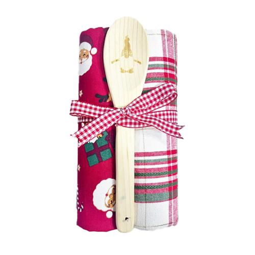 2 Christmas Tea Towels + Wooden Spoon Recycled Cotton