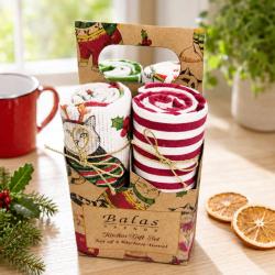 4 Christmas Tea Towels In Carrier Box Recycled Cotton