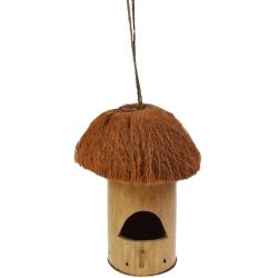 Coconut and bamboo hanging bird house, mushroom shape