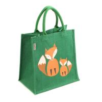 Jute shopping bag, green with foxes
