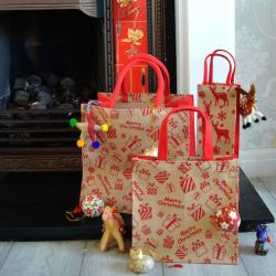 Jute shopper or Christmas gift bag, parcels design, 25x25cm