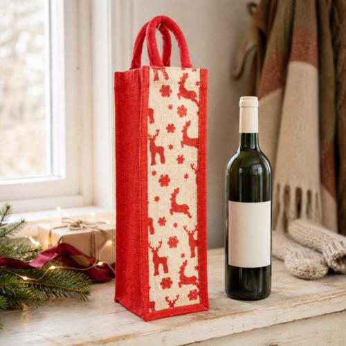 Jute Christmas bottle gift bag, reindeer design