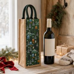 Jute Bottle Gift Bag, Winter Scene 10x36cm