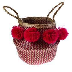 Woven seagrass basket with pompoms, natural & pink 25cm